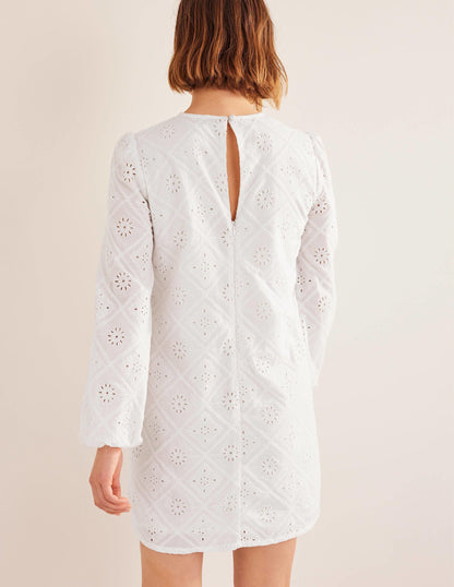 Broderie Mini Shift Dress-White