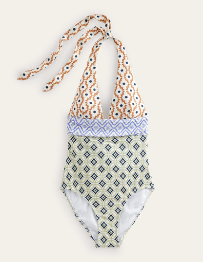 Bow Detail Halter Swimsuit-Multi, Geo Trance