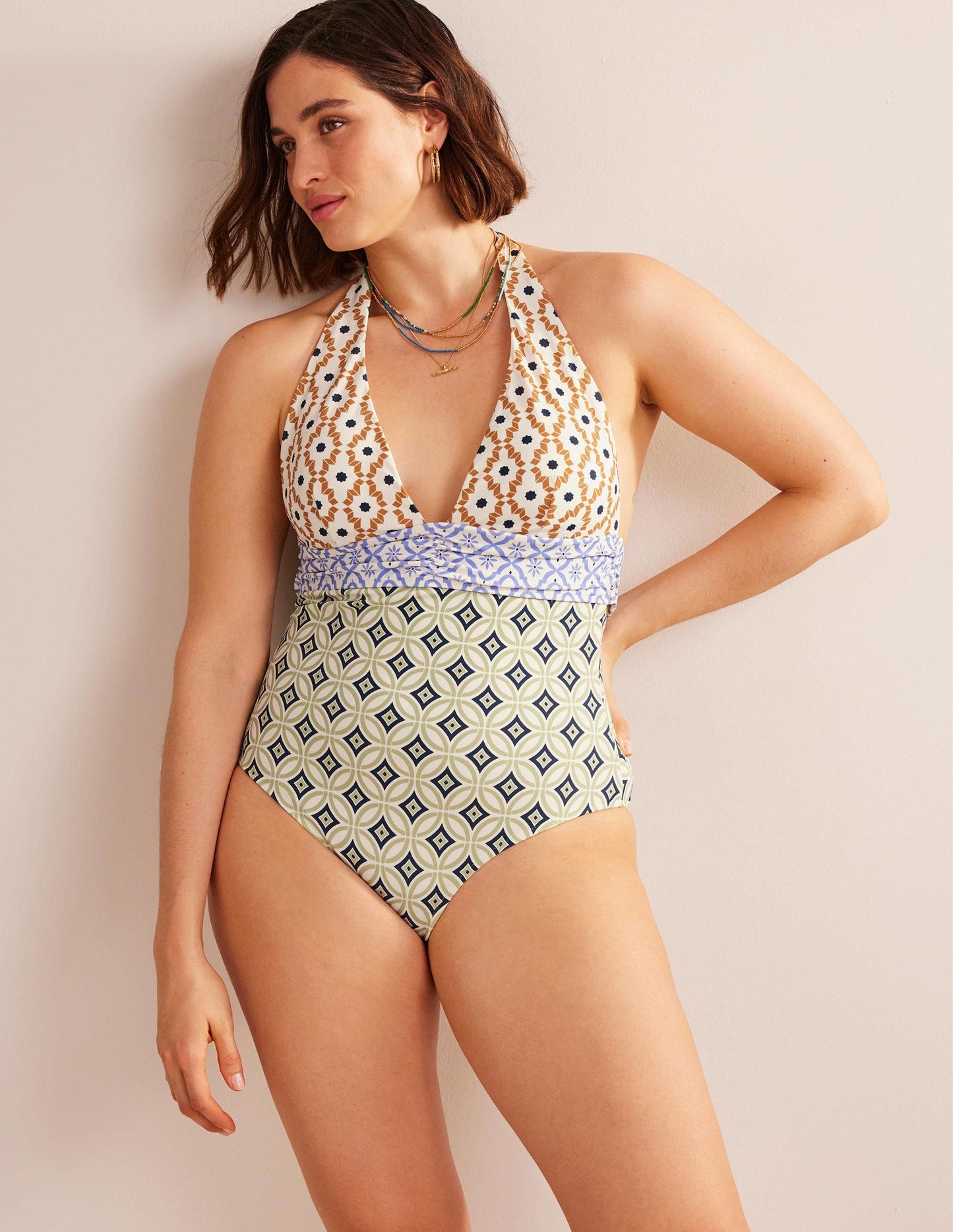 Bow Detail Halter Swimsuit-Multi, Geo Trance