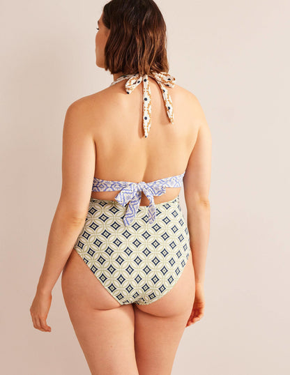 Bow Detail Halter Swimsuit-Multi, Geo Trance