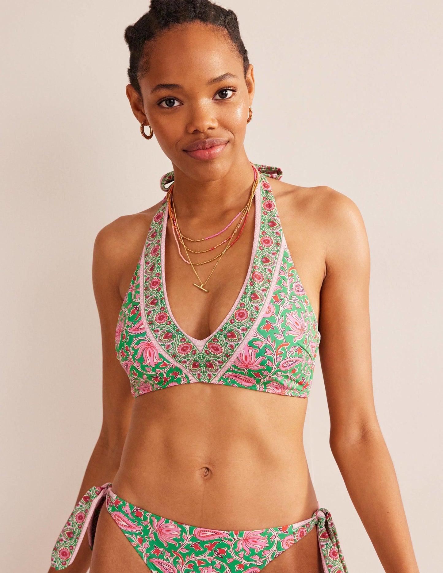 Bow Shoulder Bikini Top-Lime, Botanic Vine