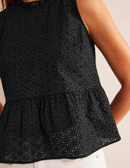 Broderie Peplum Top-Black