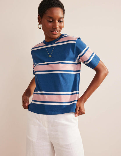 Boxy Stripe T-Shirt-Sapphire/Soft Pink Stripe