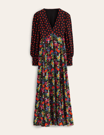 Blouson Sleeve Maxi Tea Dress-Black, Carnation Garden