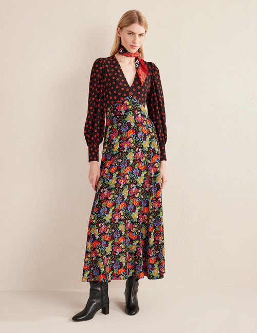Blouson Sleeve Maxi Tea Dress-Black, Carnation Garden