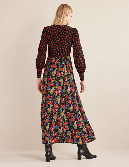 Blouson Sleeve Maxi Tea Dress-Black, Carnation Garden