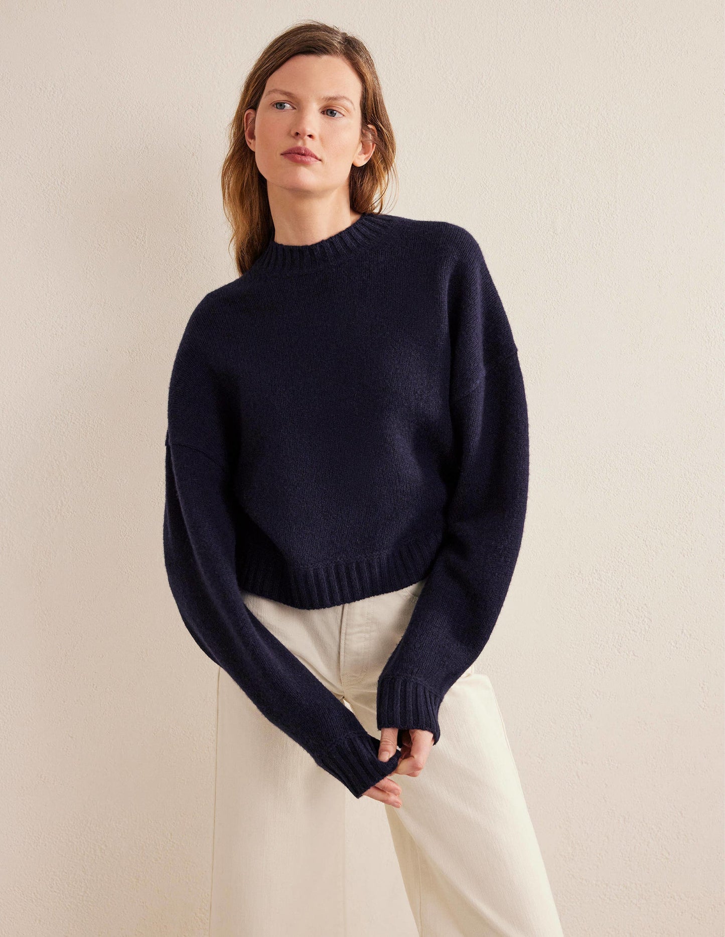 Brushed Wool Cropped Sweater-Navy