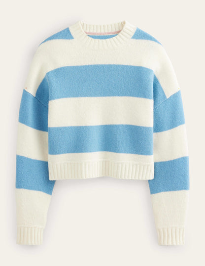 Brushed Wool Cropped Sweater-Linseed, Ivory Stripe