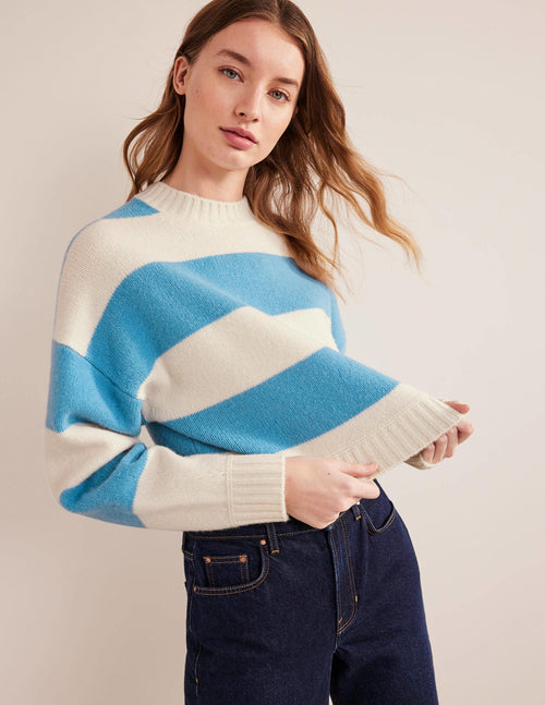 Brushed Wool Cropped Sweater-Linseed, Ivory Stripe