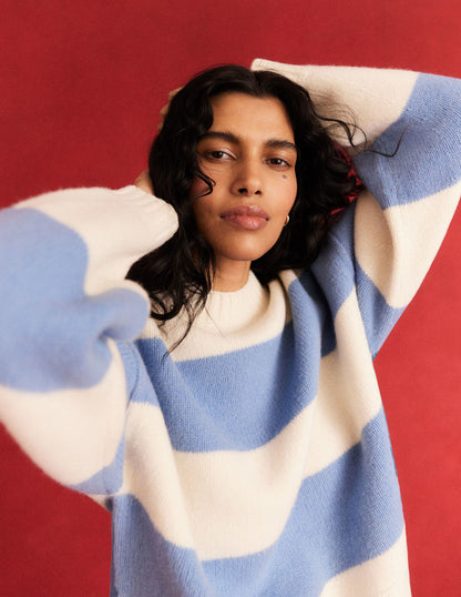 Brushed Wool Cropped Sweater-Linseed, Ivory Stripe
