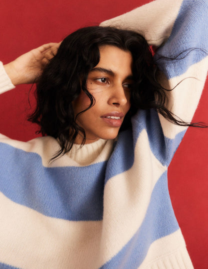 Brushed Wool Cropped Sweater-Linseed, Ivory Stripe
