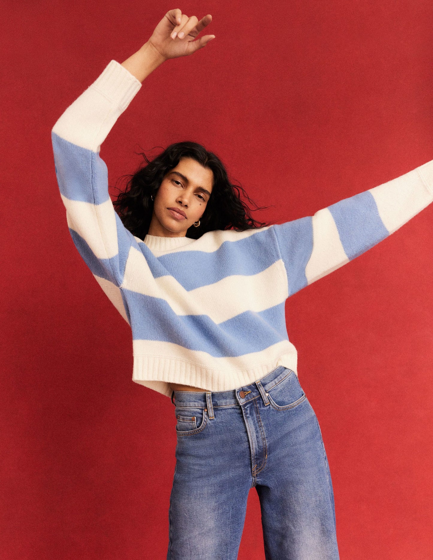 Brushed Wool Cropped Sweater-Linseed, Ivory Stripe