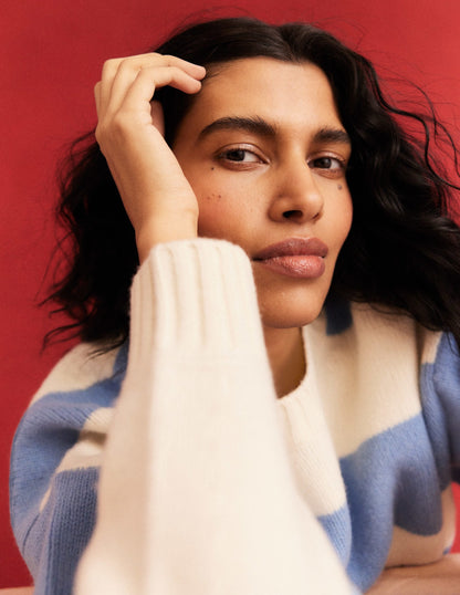 Brushed Wool Cropped Sweater-Linseed, Ivory Stripe