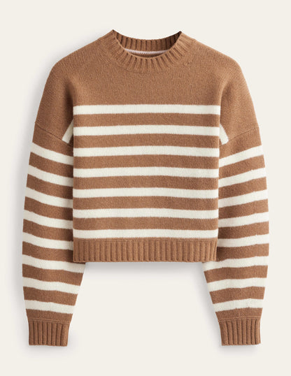 Brushed Wool Cropped Sweater-Teddy Bear, Ivory Stripe