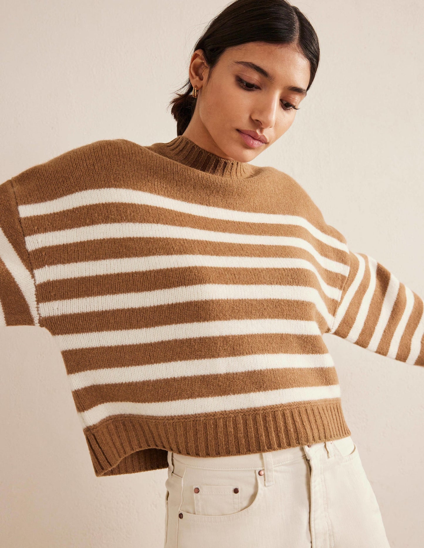 Brushed Wool Cropped Sweater-Teddy Bear, Ivory Stripe