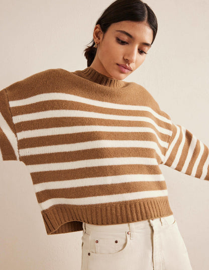 Brushed Wool Cropped Sweater-Teddy Bear, Ivory Stripe