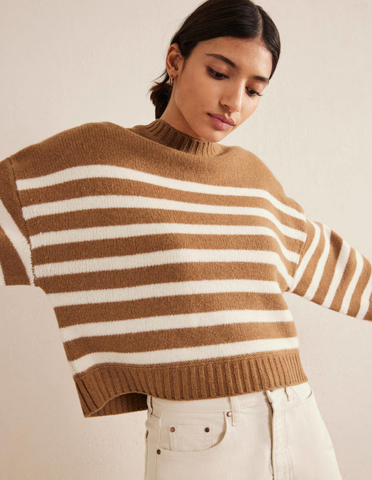Brushed Wool Cropped Sweater-Teddy Bear, Ivory Stripe