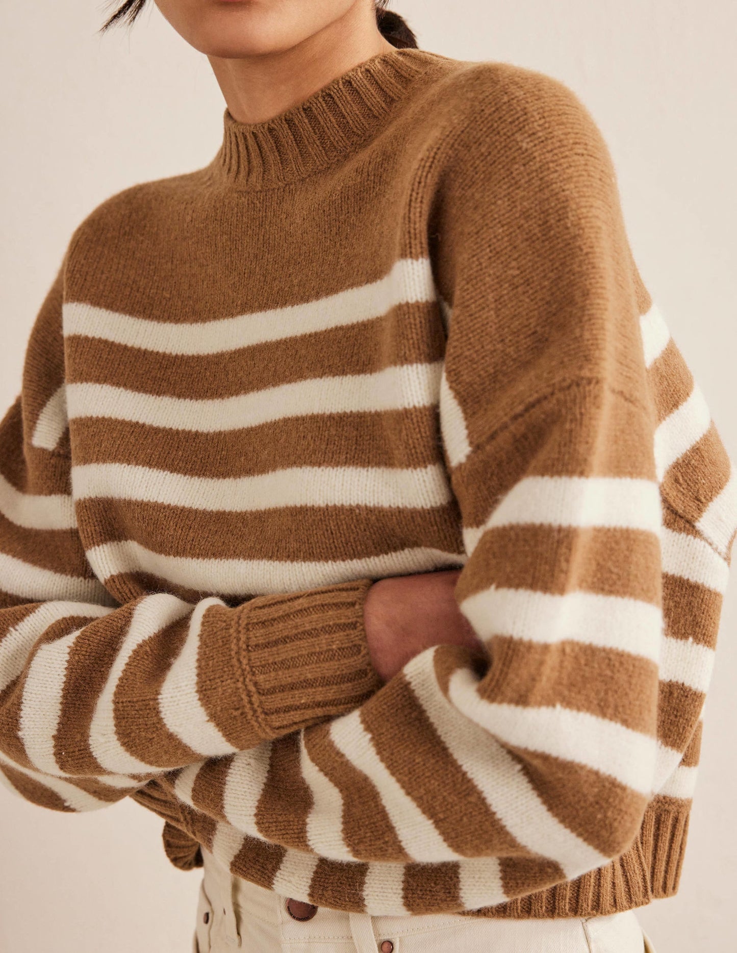 Brushed Wool Cropped Sweater-Teddy Bear, Ivory Stripe