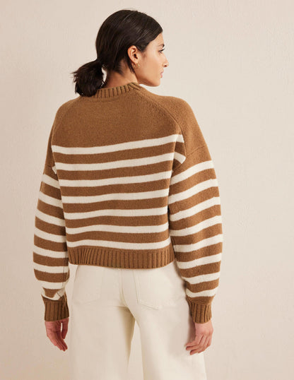 Brushed Wool Cropped Sweater-Teddy Bear, Ivory Stripe