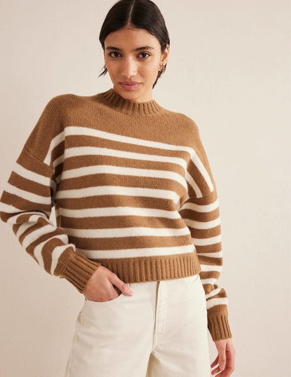 Brushed Wool Cropped Sweater-Teddy Bear, Ivory Stripe
