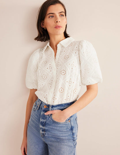Broderie Puff Sleeve Shirt-Ivory