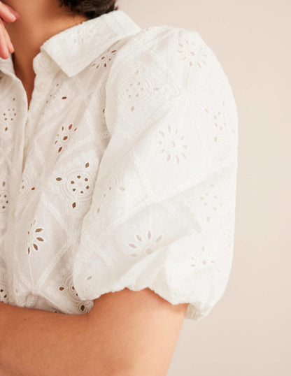 Broderie Puff Sleeve Shirt-Ivory