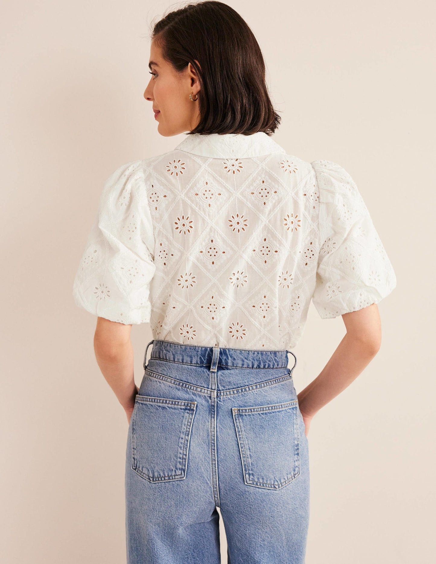 Broderie Puff Sleeve Shirt-Ivory