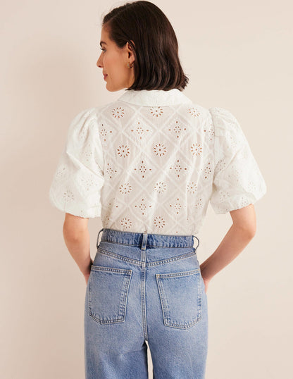 Broderie Puff Sleeve Shirt-Ivory