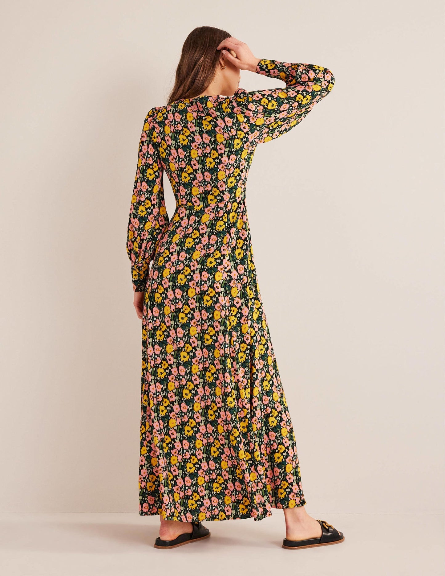 Blouson Sleeve Maxi Tea Dress-Emerald Night, Abstract Poppy