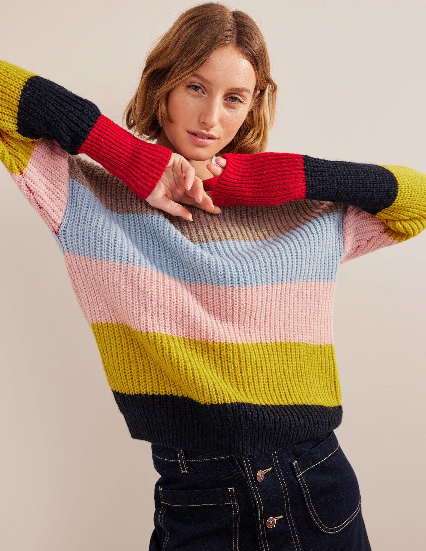 Blouson Cuff Fluffy Sweater-Rainbow Multi Stripe