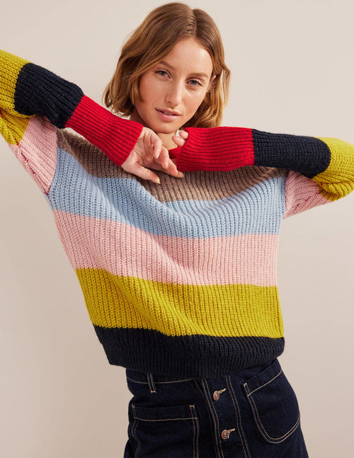 Blouson Cuff Fluffy Sweater-Rainbow Multi Stripe