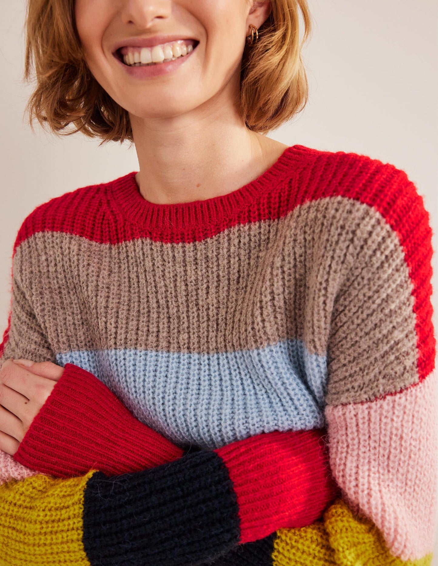 Blouson Cuff Fluffy Sweater-Rainbow Multi Stripe