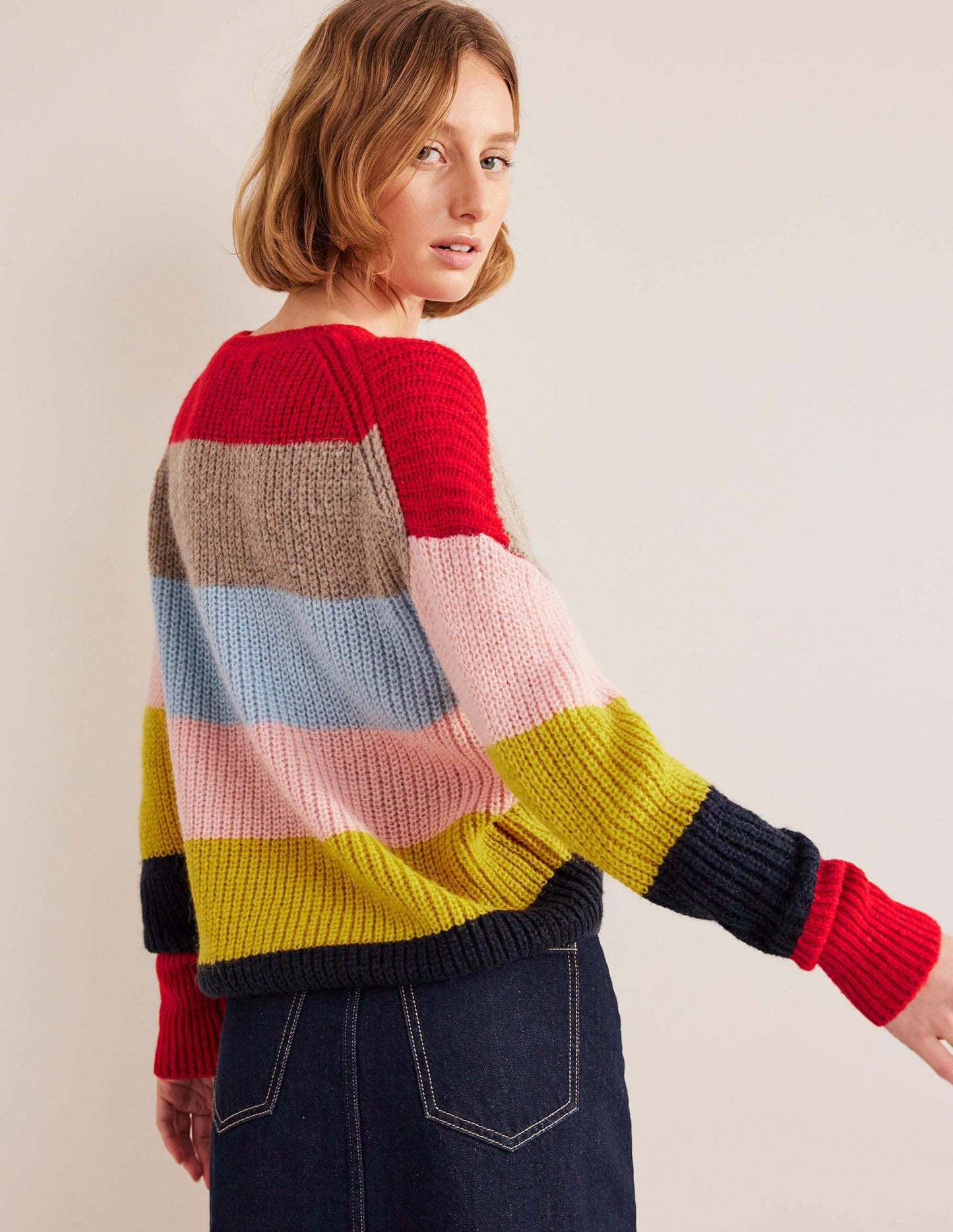Blouson Cuff Fluffy Sweater-Rainbow Multi Stripe