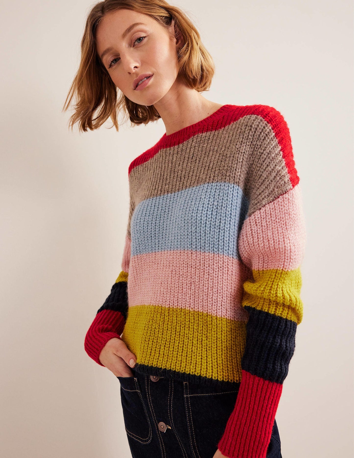 Blouson Cuff Fluffy Sweater-Rainbow Multi Stripe