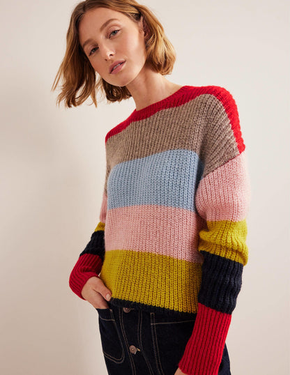 Blouson Cuff Fluffy Sweater-Rainbow Multi Stripe
