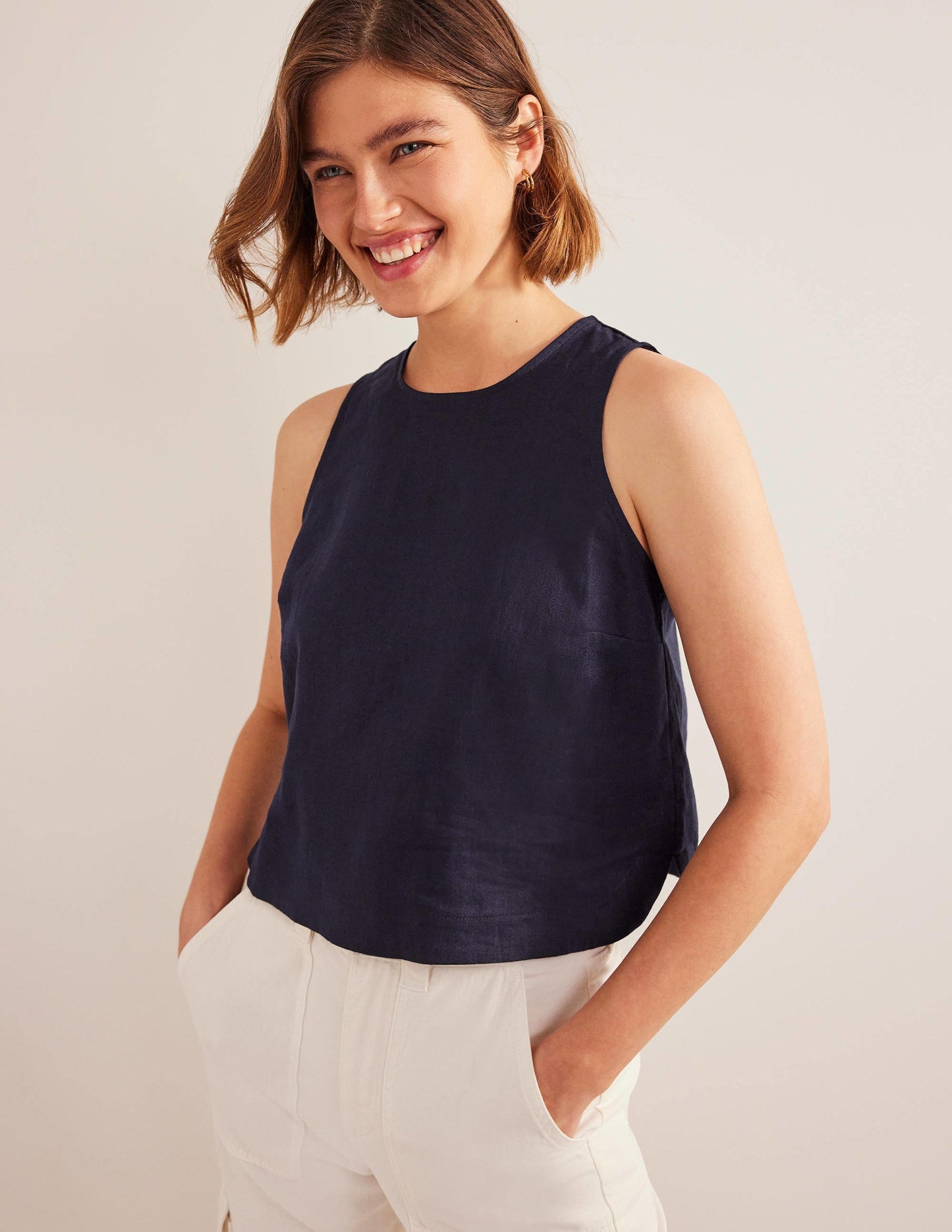 Boxy Linen Shell Top-Navy