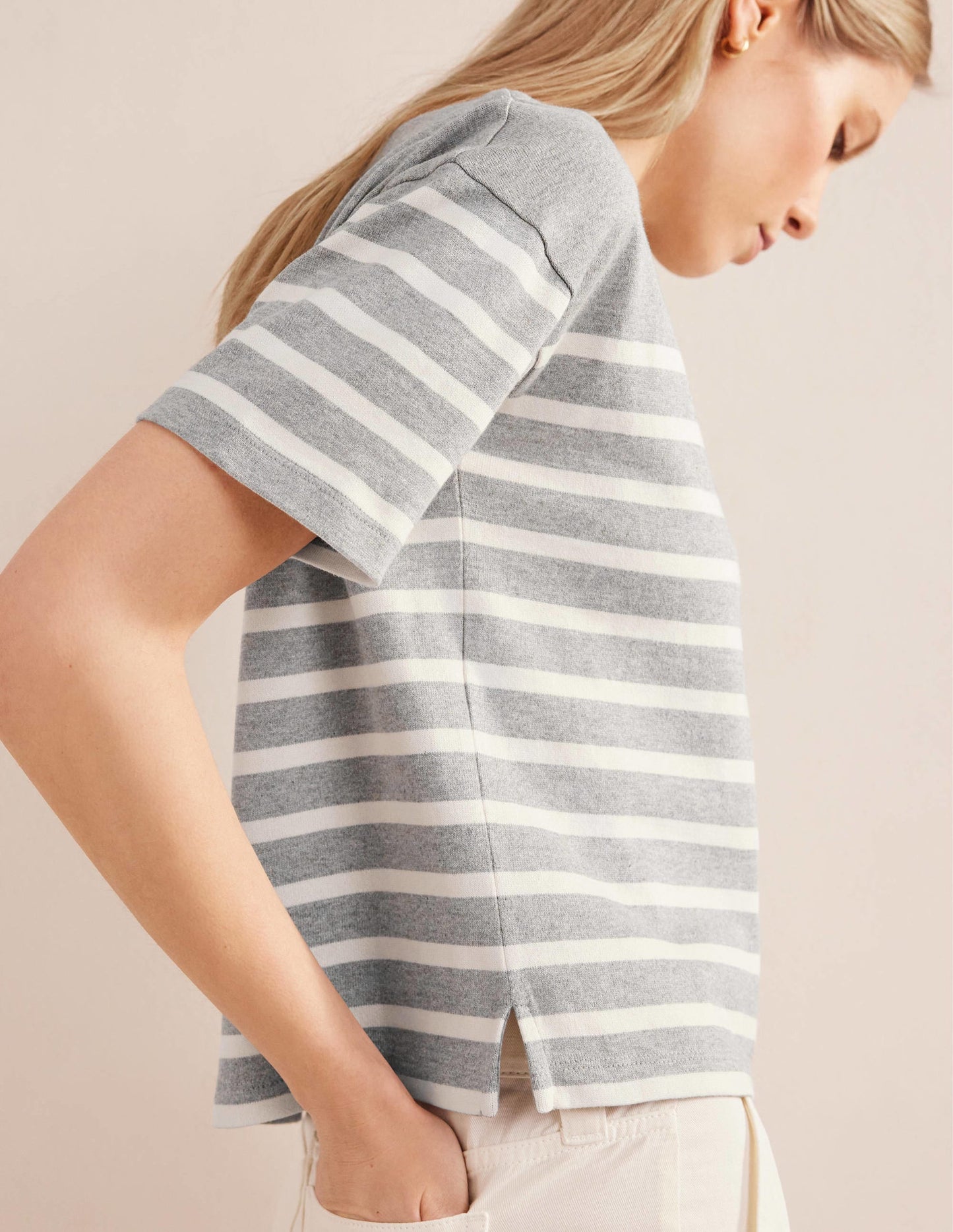 Boat Neck Striped T-Shirt-Grey Marl/ Ivory Stripe