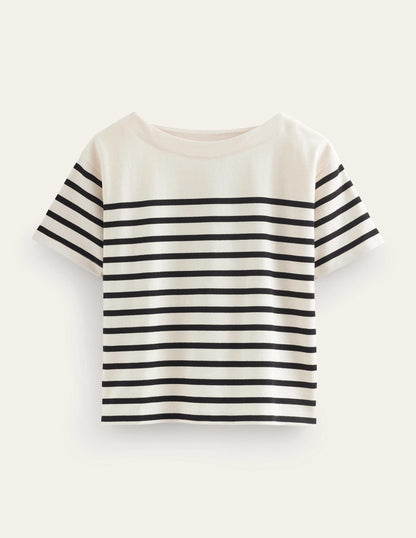 Boat Neck Striped T-Shirt-Ivory/Black Stripe