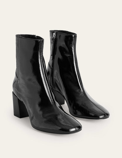 Block-Heel Leather Ankle Boots-Black Patent