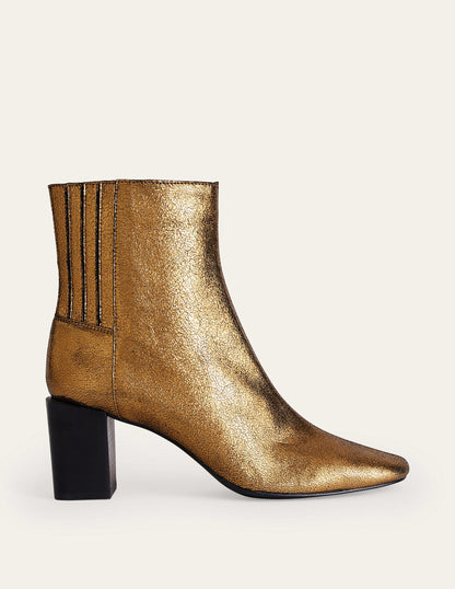 Block-Heel Leather Ankle Boots-Gold Crinkle metallic Leather