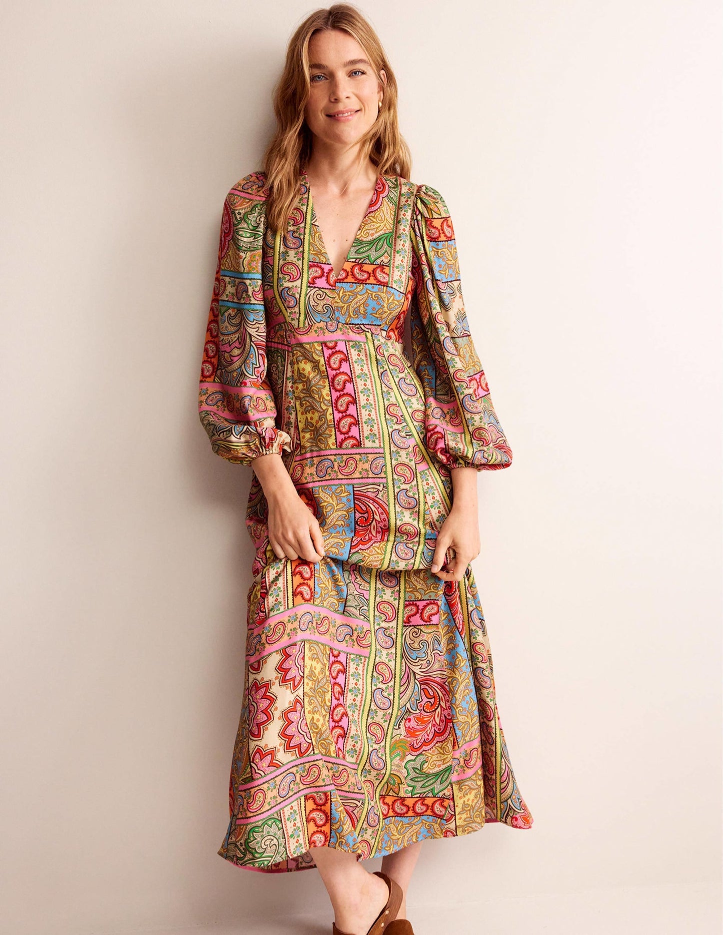 Blouson Sleeve Maxi Tea Dress-Multi, Patchwork