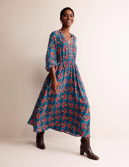 Border Print Raglan Midi Dress-Aegean Blue, Paisley Amaryllis