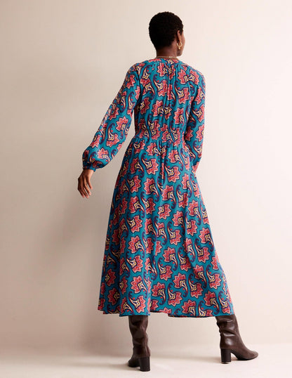 Border Print Raglan Midi Dress-Aegean Blue, Paisley Amaryllis