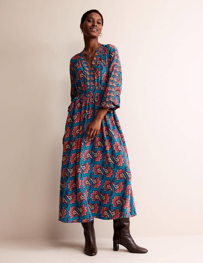 Border Print Raglan Midi Dress-Aegean Blue, Paisley Amaryllis