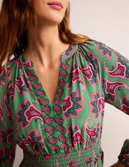 Border Print Raglan Midi Dress-Green, Paisley Amaryllis