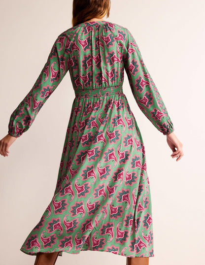 Border Print Raglan Midi Dress-Green, Paisley Amaryllis
