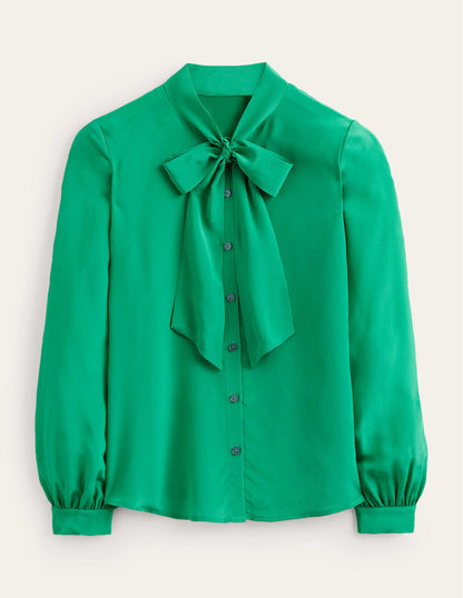 Bow-Neck Button-Down Blouse-Veridian Green