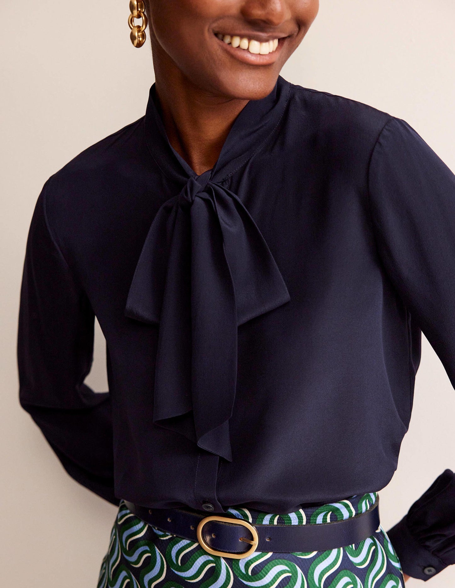 Bow-Neck Button-Down Blouse-Navy