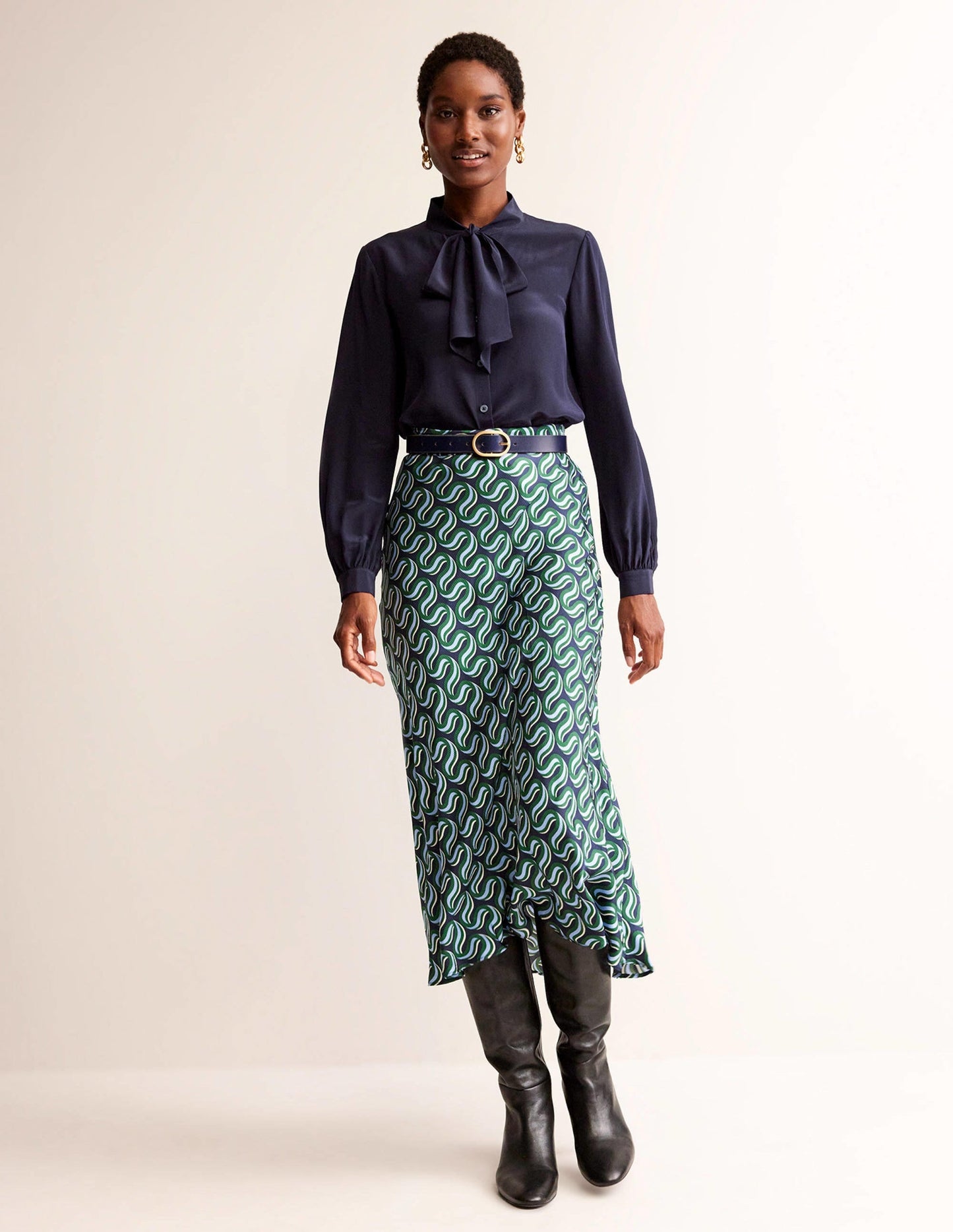 Bow-Neck Button-Down Blouse-Navy