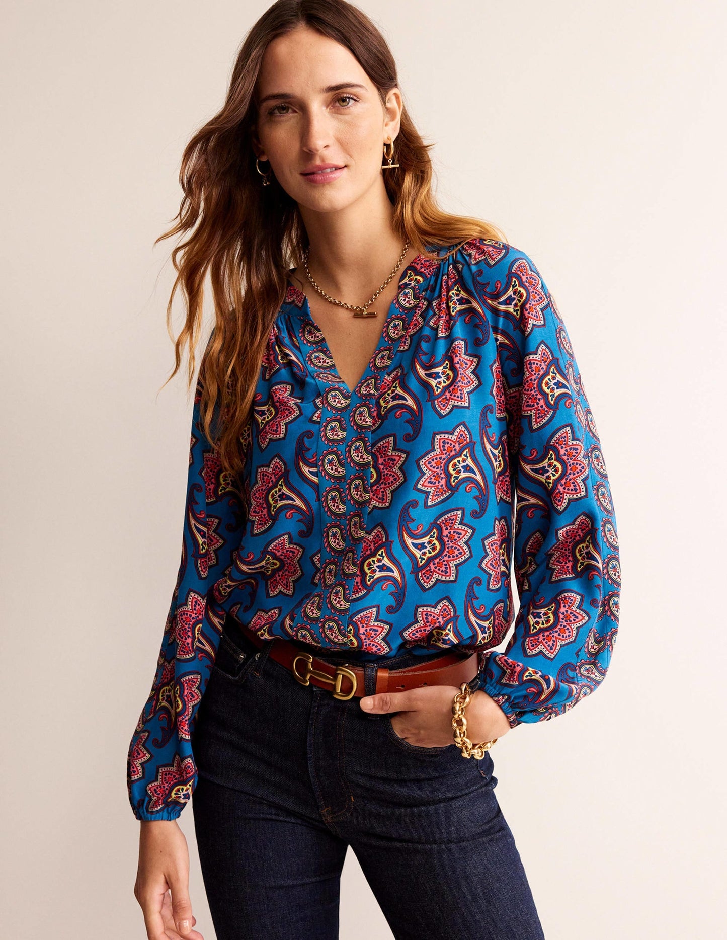 Border Print Raglan Top-Blue, Paisley Amaryllis